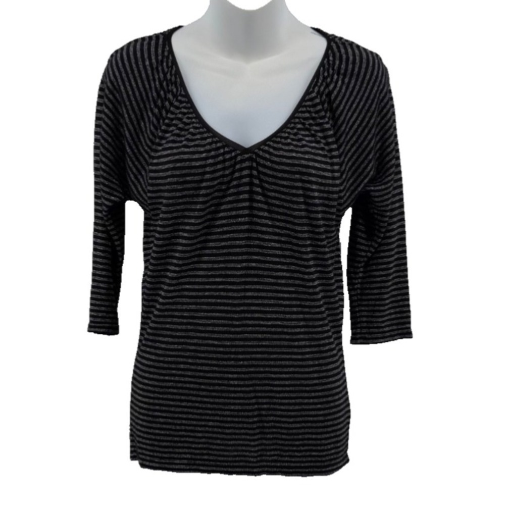 White House Black Market Silver Metallic Black Striped V Neck TopStretch Tee XXS